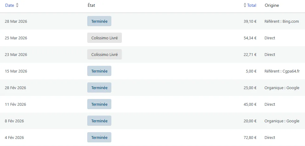 capture d'écran site client avec toutes les commandes en ligne récente sur ecommerce, ikoonos à Pau
